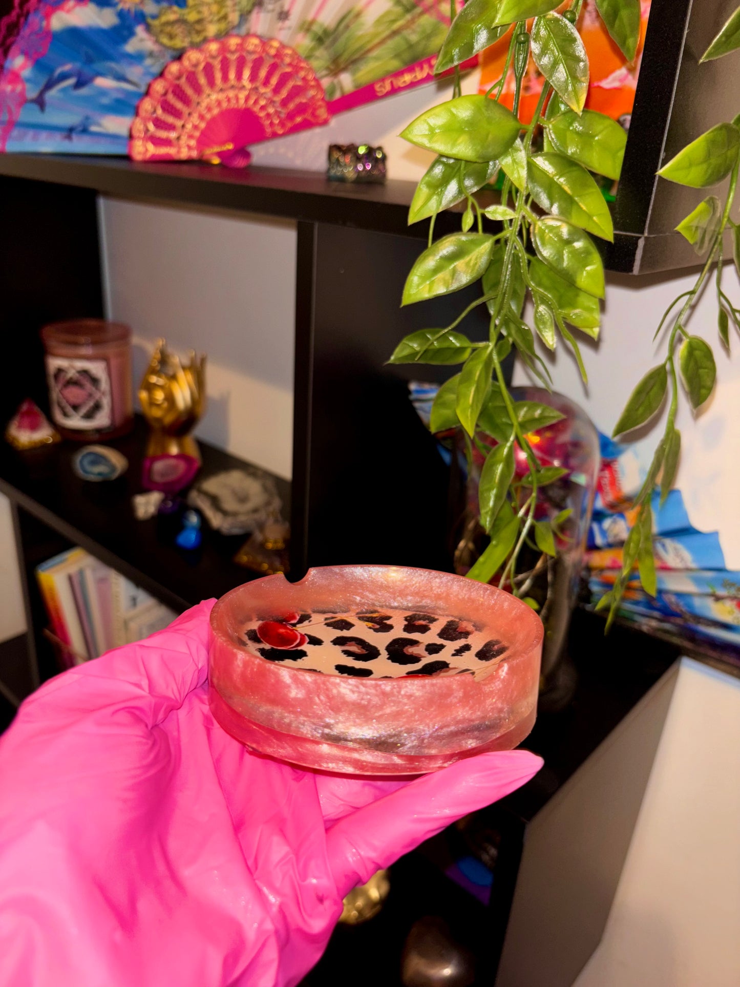 Pink cherry leopard ashtray