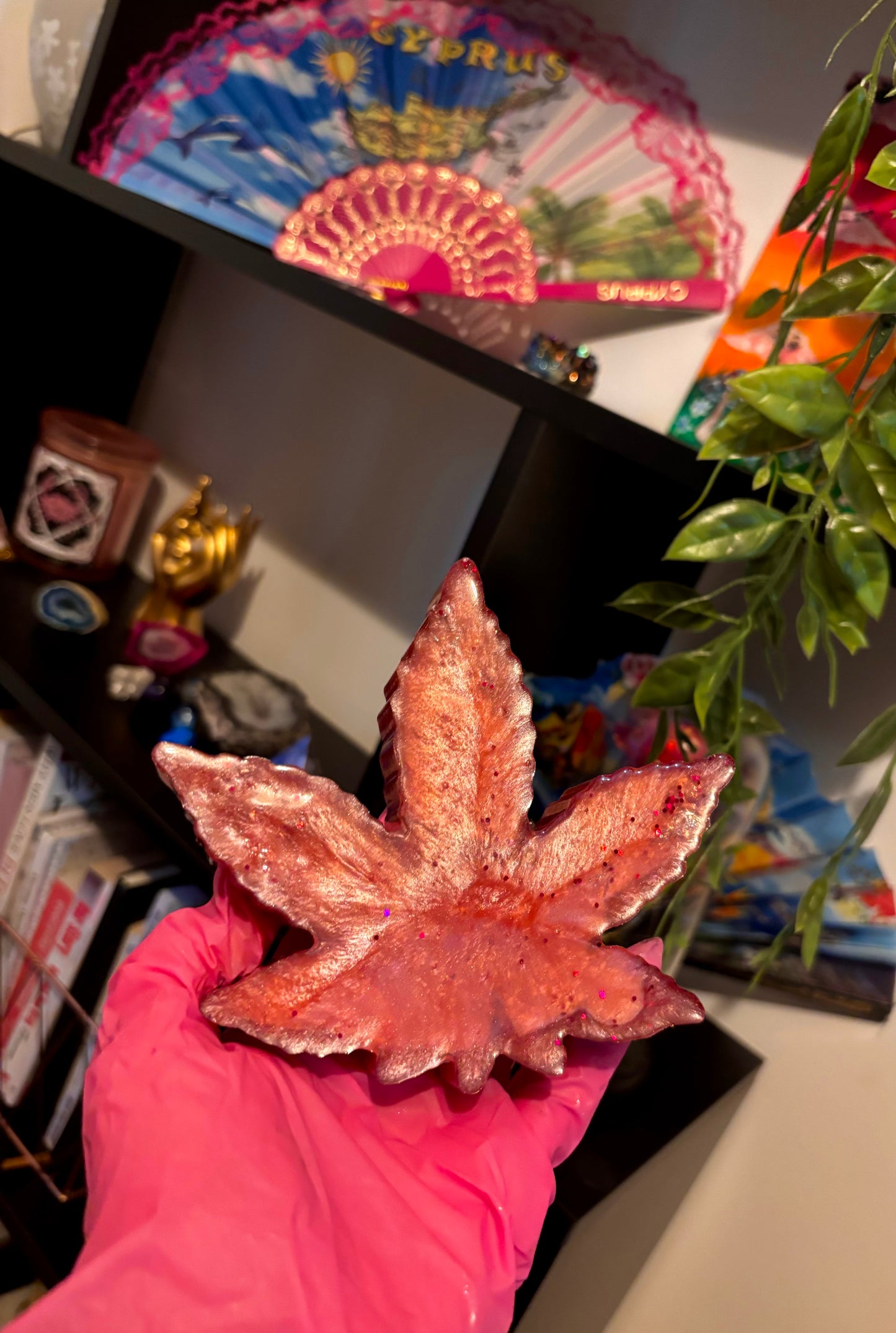 Pink glitter flower casino leaf tray